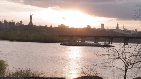 Crane Ship Sails On River At Sunset. Boat Float On Dniepr River Kiev Spring Stock Footage 154831865