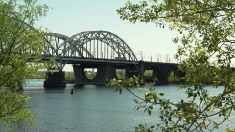 Crane Ship Sails On River At Sunset. Boat Float On Dniepr River Kiev Spring Video stock 156137988