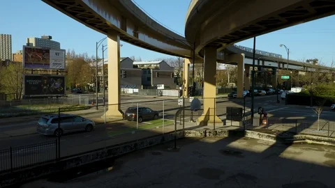 Crane Shot as CTA Train Passes Urban Neighborhood [4K] [Aerial] Video stock 107112284