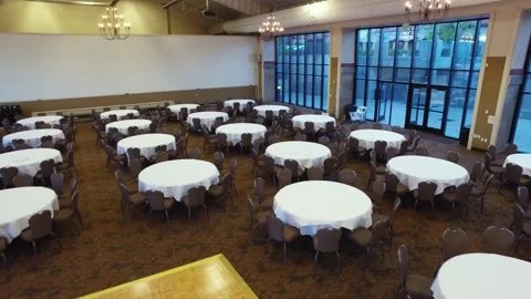 Crane shot of the empty conference tables Video stock 136952724