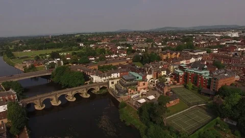 Crane shot of Hereford old bridge in UHD / 4K Stock Footage 77006926