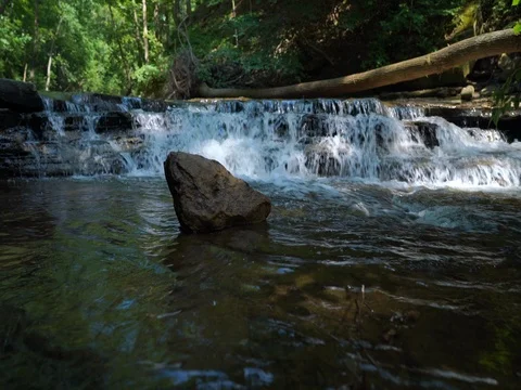 Crane shot in Ohio forest overlooking stream Stock Footage 77160273