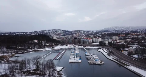 Crane shot towards Frogner and Skoyen from Frognerkilen Marina in Oslo, Norway Stock Footage 85865660