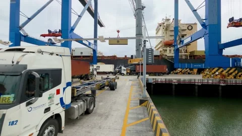 Crane Spreader Carries Container Between Ship and Dock at Port of Guayaquil Video stock 343812063
