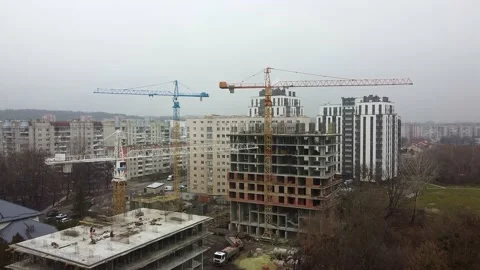 Crane tower working View from the quadcopter Stock Footage 145185418