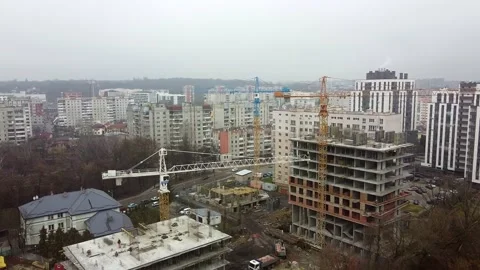 Crane tower working View from the quadcopter Stock Footage 145185499