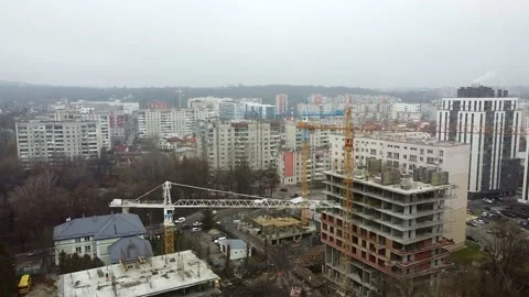 Crane tower working View from the quadcopter Stock Footage 145185621