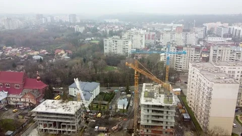 Crane tower working View from the quadcopter Stock Footage 145185760