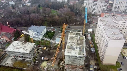 Crane tower working View from the quadcopter Stock Footage 145186056