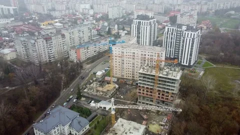 Crane tower working View from the quadcopter Stock Footage 145186631