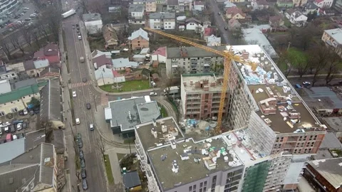 Crane tower working View from the quadcopter Stock Footage 145186816