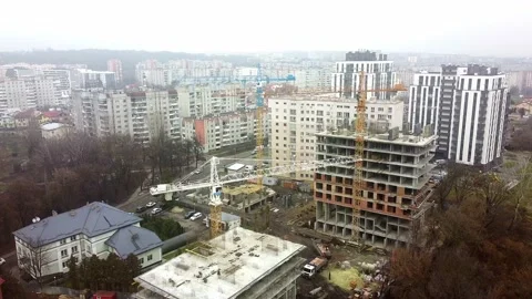 Crane tower working View from the quadcopter Stock Footage 145187022