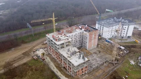 Crane tower working View from the quadcopter Stock Footage 145206379