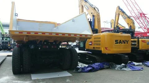 Crane, tractor and excavator at construction and mining area 스톡 동영상 285108923