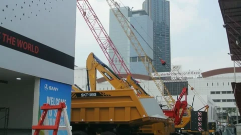 Crane, tractor and excavator at construction and mining area Stock Footage 285108924