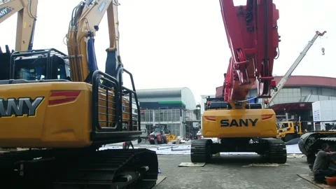 Crane, tractor and excavator at construction and mining area 스톡 동영상 285108932