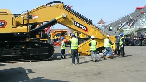 Crane, tractor and excavator at construction and mining area 스톡 동영상 285110383