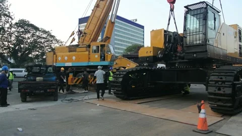 Crane, tractor and excavator at construction and mining area Stock Footage 285110993