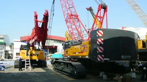 Crane, tractor and excavator at construction and mining area Stock Footage 285111088