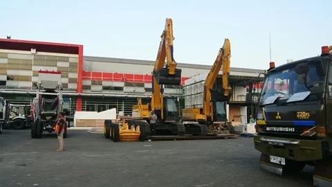 Crane, tractor and excavator at construction and mining area 스톡 동영상 285111131