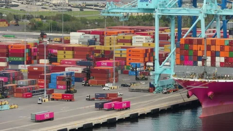 Crane unloading freight containers from cargo ship in sea port of Savannah Stock Footage 302849384