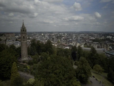 Crane Upwards and Pan Right to Reveal Cabot Tower and Bristol Cityscape Stock Footage 77747582