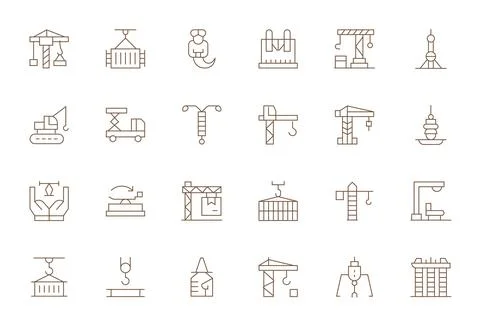 Crane Vector Icon Set with 24 Thin Line 256x256 Display Perfect Graphics Stock Illustration