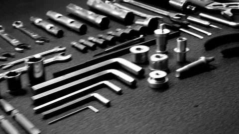 Crane video of the set of hand tools laid out in order Stock Footage 76101739