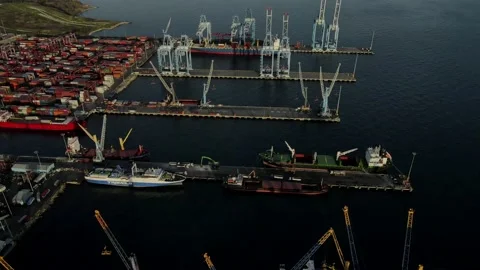 Crane view from the harbor, shooting by drone Stock Footage 148427773