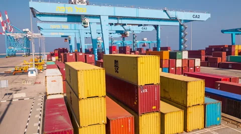 Crane work in Haifa Port Stockbeeldmateriaal 49450379