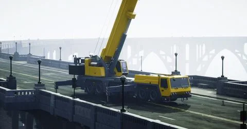 Crane working on a bridge construction project during foggy weather 库存插图