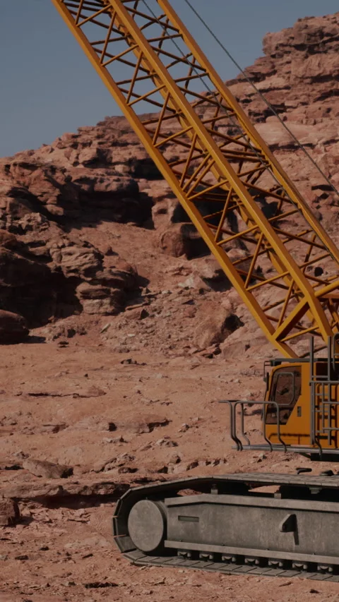 Crane working in rocky terrain at construction site in the desert Stock Footage 339510521