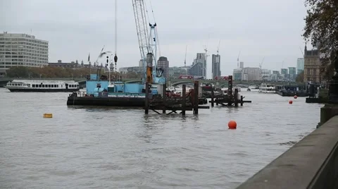 Crane working on Thames River in London Stock Footage 69045171