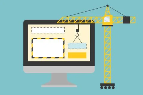 Crane working with website page in computer screen, under construction or web Stock Illustration
