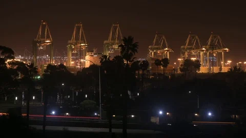 Cranes and Freeway, Port of Los Angeles Stock Footage 90009100