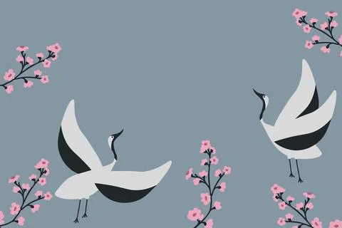 Cranes and sakura Stock Illustration