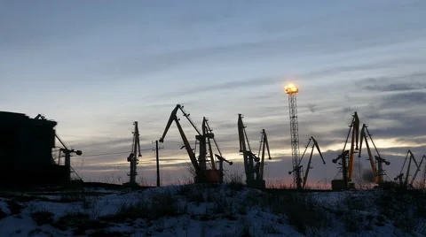 Cranes and train in the port. Video stock 59795323
