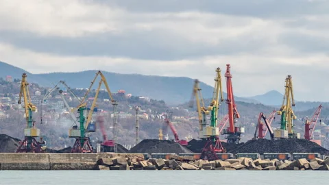 The cranes are loading bulk materials and coal in the seaport. Stock Footage 142321732