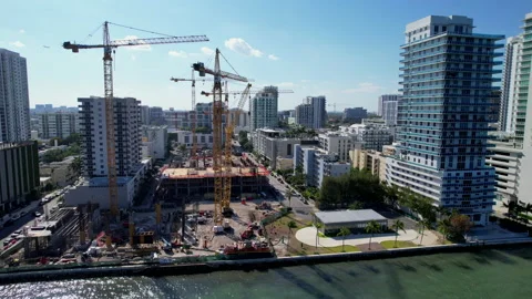 Cranes building Edgewater tower in Miami Stock Footage 239884647