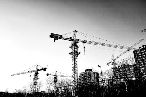 Cranes in the construction site (b&amp;w) Foto stock