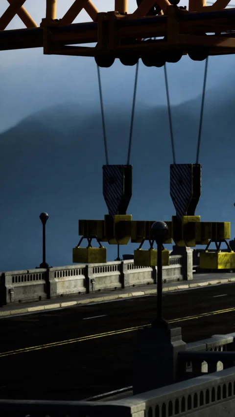 Cranes lift cargo over a bridge during evening hours in an urban setting Stock Footage 336028832