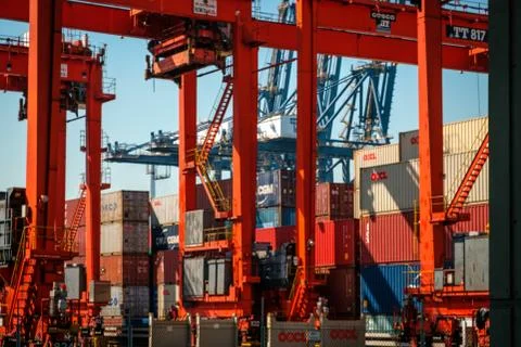 Cranes loading shipping container on freight harbor logistics centre in Hong  Stock Photos