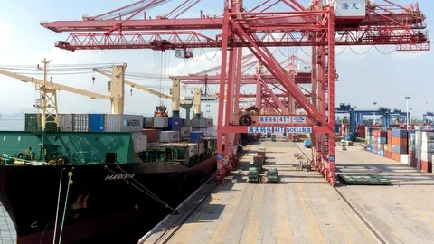 Cranes load/offload containers in Chinese port Video stock 85600796