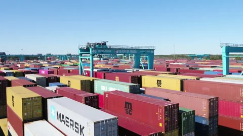 Cranes moving shipping cargo containers at a transportation yard Stock-Footage 171589445