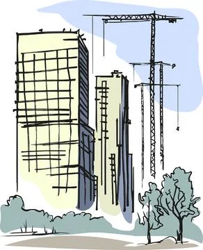 Cranes next to two buildings under construction. Stock Illustration