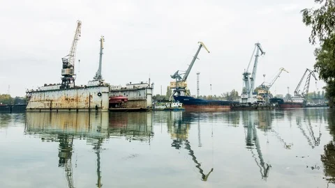 Cranes operate at the shipyard. Stock Footage 86785903