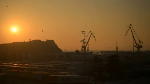 Cranes operating in the shipyard Stock Footage 83394243