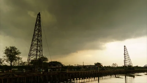 Cranes for piling   The atmosphere in which rain is falling, Stock Footage 100823997
