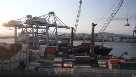 Cranes in port loading big ship 스톡 동영상 138396745