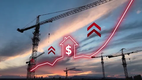Cranes at sunset with rising graph. Increasing construction costs and prices 库存影片 339876344
